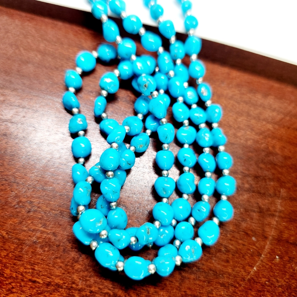 Sleeping Beauty Turquoise 925 Sterling Silver Nugget Bead Necklace & Earring Set - Picture 12 of 13